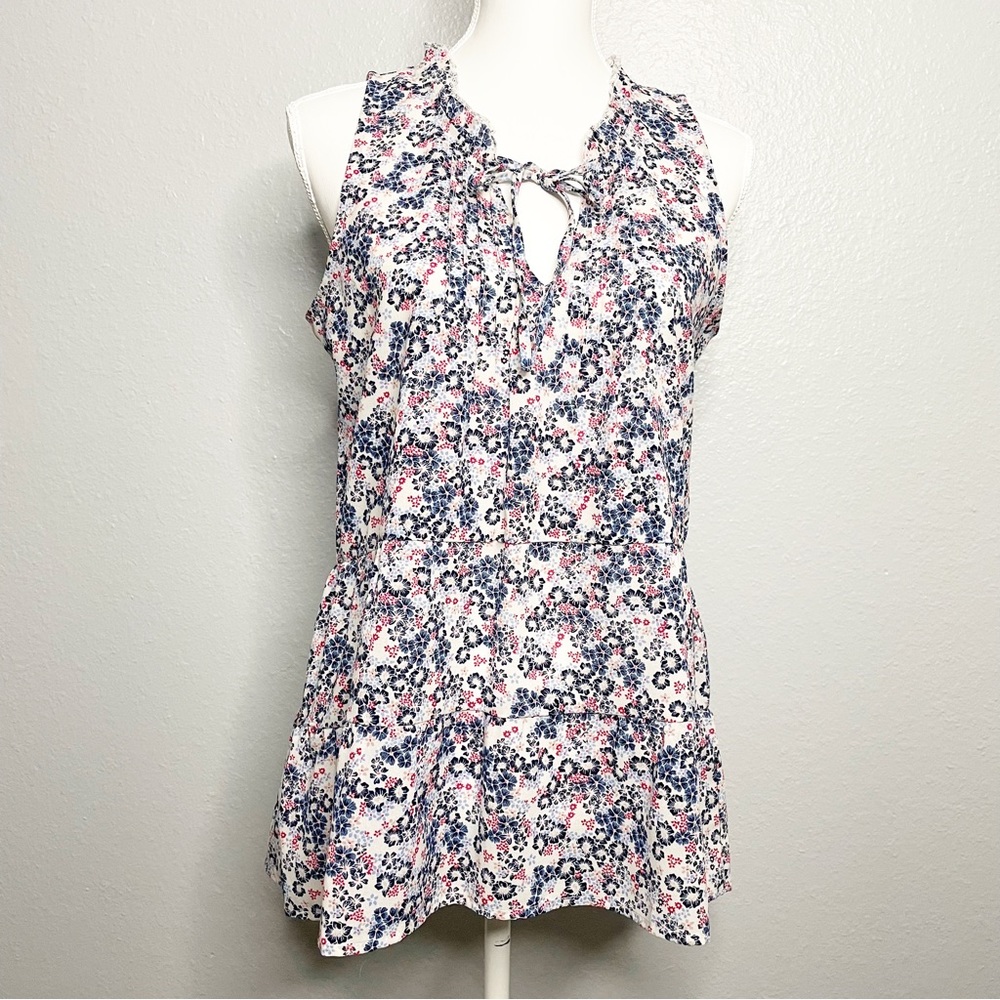 Sanctuary Floral Ruffle Tie Neck Sleeveless Shirt with Floral Print